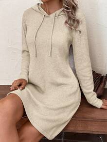 EMERY ROSE 女式休闲纯色长袖抽绳连帽针织连衣裙，秋季 - 杏色 - 查看 4