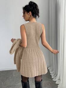 Elenzga Bộ đồ len cardigan cài nút đơn giản, không tay, viền xếp ly, màu trơn, thoải mái khi đi làm hàng ngày dành cho nữ, mùa thu - Màu be - Xem 2