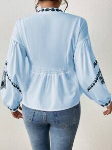 EMERY ROSE 女式褶皱图案印花长袖纽扣衬衫荷叶边上衣 - 藍色 - 查看 2