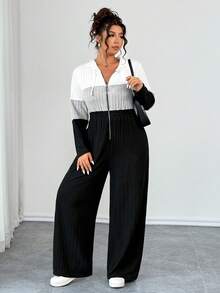 EMERY ROSE Plus Size V-Neck Ring Zipper Decor Long Sleeve Soft Knitted Ribbed Fuzzy Tricolor Contrast Splice Casual Jumpsuit, Home Jumpsuit Fall - Multicolor - View 3