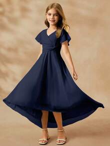 女童优雅V领无袖高腰长款不对称下摆雪纺蓝色连衣裙 - 藏蓝色 - 查看 3