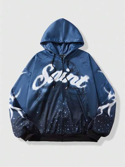 Street Life Felpa con cappuccio casual da uomo con stampa grafica, maniche lunghe, chiusura lampo, spalle cadenti e coulisse