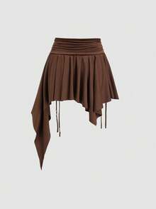 Sweetra Plus Size Women Asymmetrical Hem Cinched Waist Elegant Casual Minimalist A-Line Skirt, Autumn/Winter Fall - Brown - View 2