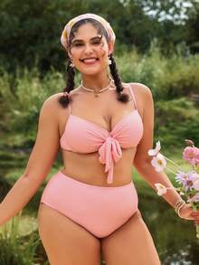 Swim Mod Plus Size Women Underwire Supportive Halter Bikini Set With Tie-Front, Solid Color Sexy Swimsuit For Pool & Beach, Summer