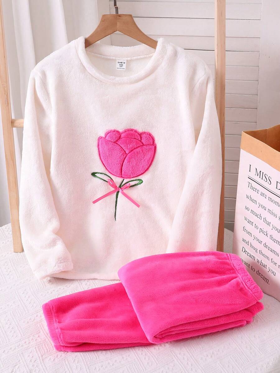 SHEIN Girls' White Plush Violet Tulip Embroidered Bow Blouse, Minimalist Fuchsia Plush Pants, 2 Pieces Sleepwear Set, Suitable For Home & Sleep - Hot Pink - View 1