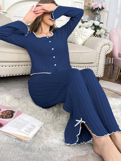 女士休闲加绒长袖上衣和裤子家居服两件套，藏蓝色家居服套装，秋冬款