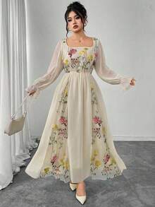 Modelyn Elegant Floral Embroidery Patchwork Plus Size Women Crew Neck Long Sleeve Dress - Yellow - View 7