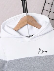 SHEIN 2件套青少年男童连帽卫衣和慢跑裤，拼接设计，性价比高，适合通勤、上学、休闲、运动、秋冬 - 藏蓝色 - 查看 5