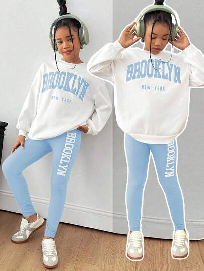 2pcs Tween Girl Letter Print Knit Sweatshirt And Knit Leggings Set, Casual Fashion Everyday Versatile