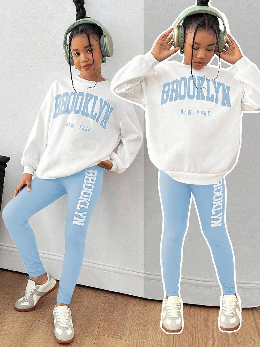 2pcs Tween Girl Letter Print Knit Sweatshirt And Knit Leggings Set, Casual Graphic Fashion Everyday Versatile School White Autumn - Blue - View 1