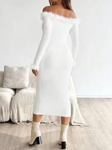 SHEIN Vestido de maternidad elegante de patchwork con ribete de piel sintética sin hombros y ajustado, para otoño/invierno - Blanco - Ver 2