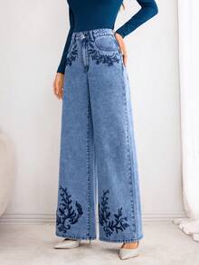 Elenzga Women's Plant Embroidery Pocket Wide Leg Loose Casual Jeans - Medium Wash - View 4