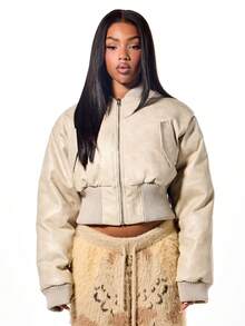 SUMWON WOMEN Oversized Faux Leather Bomber Jacket With Ribbed Trim And Cropped Silhouette For Fall Winter Layering