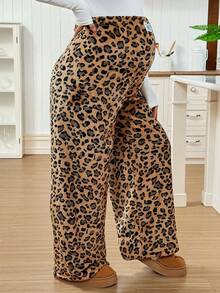 SHEIN 孕妇秋冬时尚豹纹阔腿运动裤，冬季豹纹裤，猎豹纹裤，动物纹裤，猎豹纹女装 - 杏色 - 查看 6