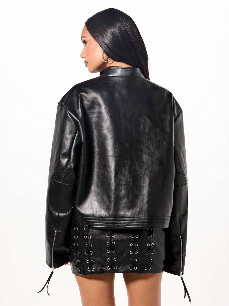 SUMWON WOMEN Oversized Leather Moto Jacket With Script Print