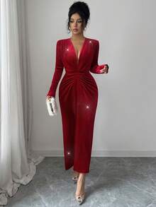 Rafferiza Váy cưới dự tiệc sang trọng thanh lịch, màu đỏ tía gợi cảm cho dịp cưới Giáng sinh, váy thu đông duyên dáng - Màu Đỏ Sâu - Xem 4