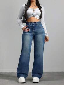 SHEIN CURVE+ Spring Plus Size Women Cowgirl Blue Non-Stretch Skinny Straight Leg Jeans, Spring - Medium Wash - View 4