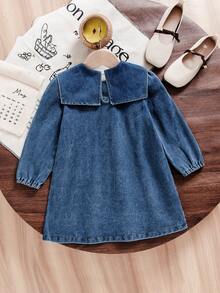 SHEIN X GALILEA Elladie kids 女童海軍藍公主牛仔洋裝，夏季開學燈籠袖牛仔裙，7歲生日職業日波希米亞休閒寬鬆秋季女童服飾 - 藍色 - 查看 2