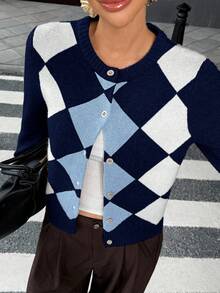 Pariaura 女式格子圆领长袖单排扣休闲针织开衫，秋冬 - 彩色 - 查看 6