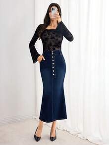Elenzga Women's Button Front Pocket Fishtail Hem Elegant Denim Skirt - Dark Wash - View 4