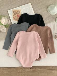 SHEIN Bộ 4 áo liền quần tay dài màu trơn dệt kim dễ thương cho bé gái, bộ đồ liền quần mùa thu/đông cho bé gái, quần áo liền quần cho bé gái, quần áo dài tay màu trung tính cho bé gái, quần áo cho bé gái mùa thu - Nhiều màu - Xem 10