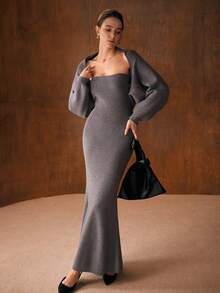 MOTF PREMIUM 2PCS ELEGANT SET: AUTUMN/WINTER MERMAID HEM TUBE SWEATER DRESS & BOLERO SHRUG TOP - Grey - View 2