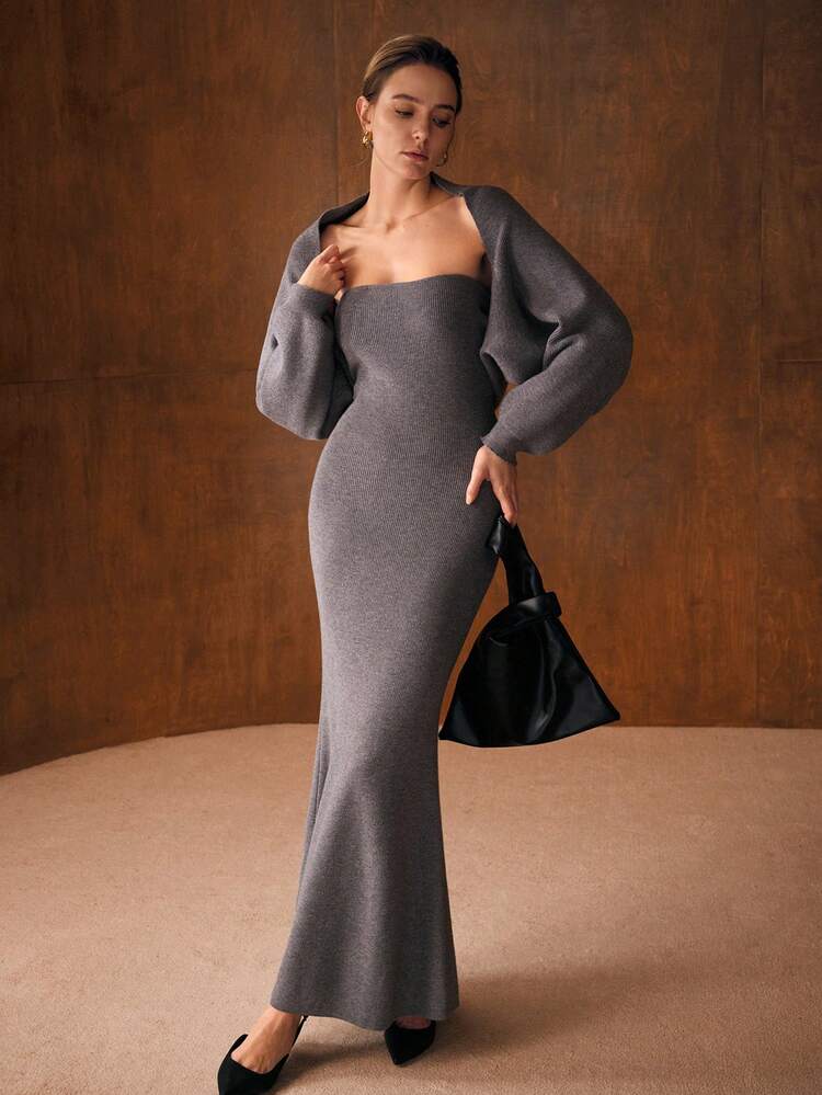 2PCS ELEGANT SET: AUTUMN/WINTER MERMAID HEM TUBE SWEATER DRESS & BOLERO SHRUG TOP