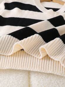 Sparklyn 1pc Women's Pullover Sweater, Fashionable V-Neck Classic Striped Color Block, Regular Thickness, Smooth Texture, Vibrant Colors, Versatile For Daily Wear, Suitable For Autumn/Winter White For Kid Clothes Preppy Clothes For Kids - Multicolor - View 8