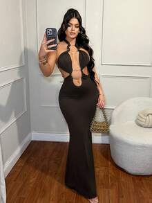 SHEIN SXY 性感夜店镂空咖啡棕色连衣裙 - 咖啡棕 - 查看 4