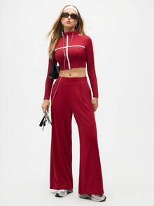 SHEIN Sports 女士纯色松紧腰褶皱阔腿宽松休闲裤 - 酒紅色 - 查看 7
