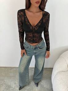 Aloruh Women's Deep V-Neck Black Lace Sheer Long Sleeve T-Shirt, Autumn/Winter - Black - View 7