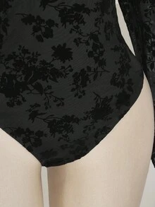 SHEIN ICON Plus Size Women V-Neck Flocked Mesh Long Sleeve Bodysuit - Black - View 6