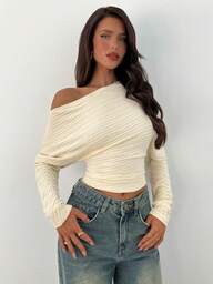 Aloruh Aprikot-farbiges asymmetrisches Schulter-Langarmoberteil mit dickem Strick