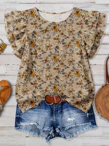 EMERY ROSE 女式休闲 V 领盖袖宽松衬衫，复古碎花 - 彩色 - 查看 1