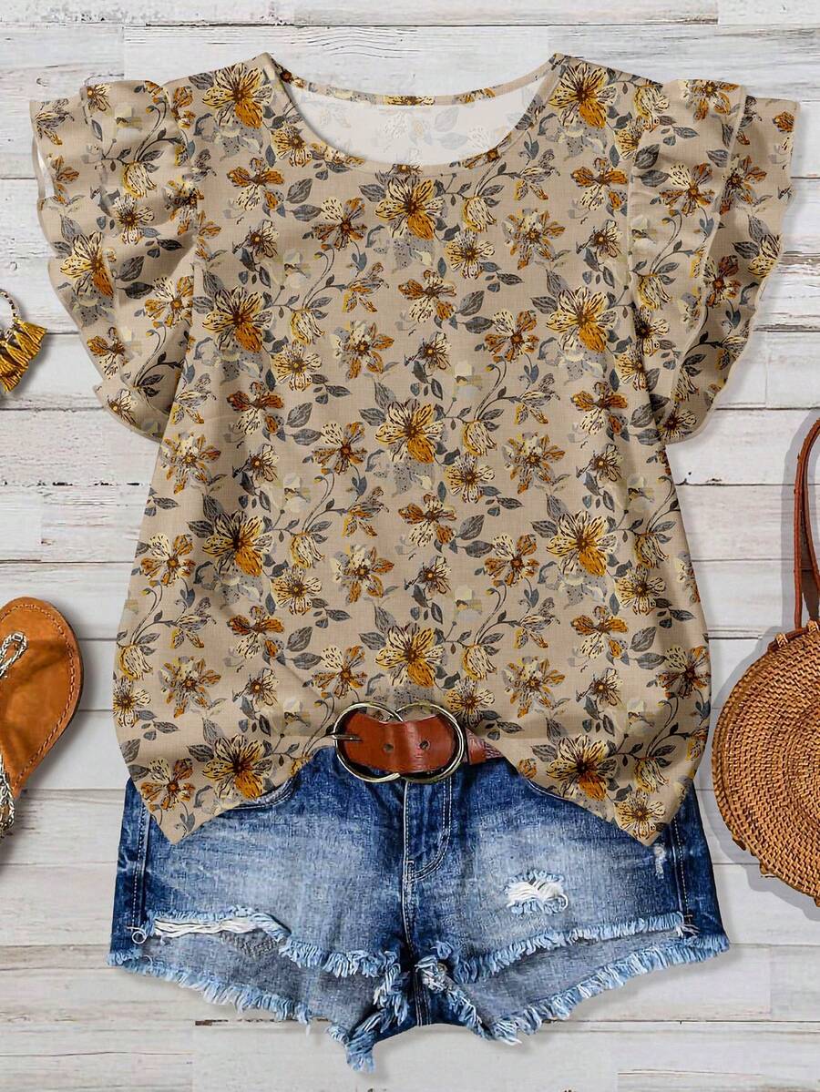 EMERY ROSE 女式休闲 V 领盖袖宽松衬衫，复古碎花 - 彩色 - 查看 1