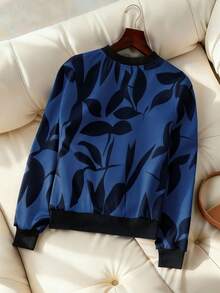 EMERY ROSE Women's Floral Print Long Sleeve Zip-Up Casual Baseball Jacket, Autumn - Navy Blue - View 2