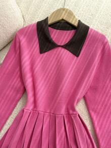 Vestido de suéter con bloqueo de color, plisado en la cintura y dobladillo para niña preadolescente, otoño/invierno