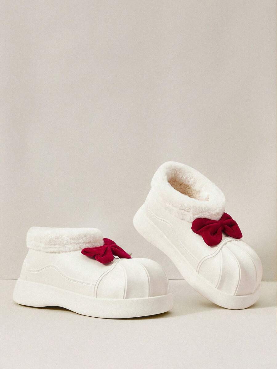 OUTDOORSY 蝴蝶结毛茸茸雪地靴，带保暖内衬，时尚百搭，适合户外穿着，女士圣诞鞋，适合圣诞节和新年假期氛围秋冬季 - 米色 - 查看 1