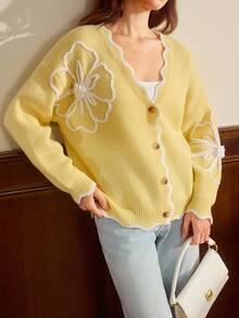Vintamour 女士花卉撞色开衫毛衣，适合秋冬季、圣诞节、新年和感恩节穿着。 - 黃色 - 查看 3
