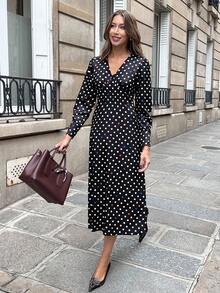 Pariaura Women's Autumn Mid-Length Waist Cinched Polka Dot V-Neck Casual Dress