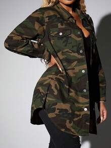 Teen Girl Camouflage Denim Lapel Long Sleeve Long Jacket