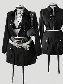 Sunspun Plus Size Vintage Workwear Collared Shirt, Cropped Zip-Up Crop Top Jacket Foromen American Casual Workwear Pocket Skirt With Tie, Mini Bodycon Skirt Foromen, 2-Piece Set - Black - View 1
