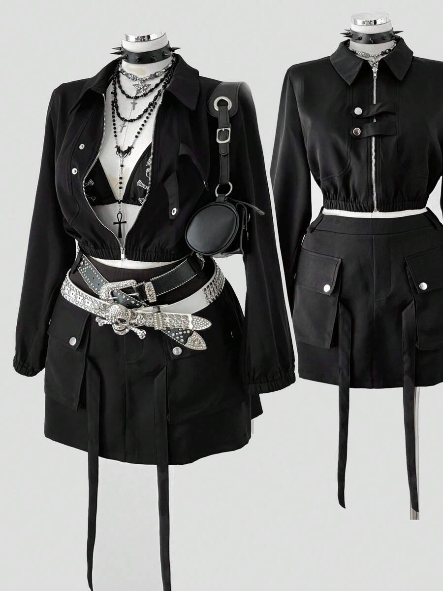Sunspun Plus Size Vintage Workwear Collared Shirt, Cropped Zip-Up Crop Top Jacket Foromen American Casual Workwear Pocket Skirt With Tie, Mini Bodycon Skirt Foromen, 2-Piece Set - Black - View 1