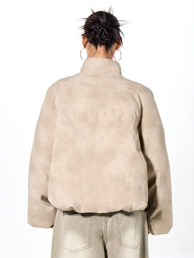 SUMWON WOMEN Oversized Beige Bomber Jacket With Stand Collar