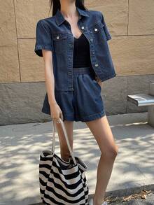 DAZY Short Sleeve Loose Pocket Denim Shirt And Shorts Set For Women - Dark Wash - View 4