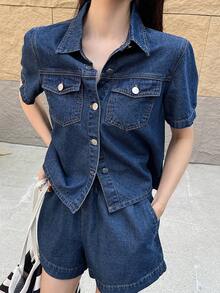 DAZY Short Sleeve Loose Pocket Denim Shirt And Shorts Set For Women - Dark Wash - View 6