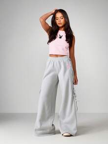 Missguided x Playboy 系带侧边细节阔腿运动裤，休闲舒适，兔子标志 - 灰色 - 查看 3