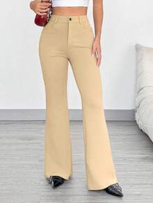 SHEIN EZwear 时尚百搭休闲卡其色喇叭裤 - 卡其色 - 查看 3