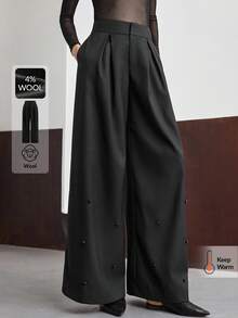 Ontre 女士黑色优质羊毛面料宽松长裤，带侧袋，正面褶皱设计，串珠下摆装饰，阔腿裤，适合现代都市休闲装、商务装、办公室装、优雅精致的城市通勤装、高端机场装、邮轮装 - 黑色 - 查看 1
