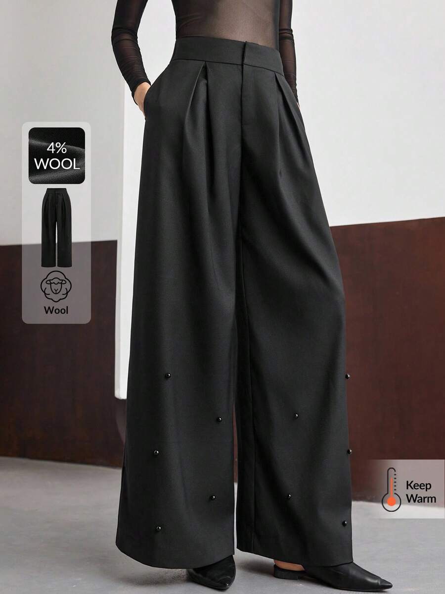 Ontre 女士黑色优质羊毛面料宽松长裤，带侧袋，正面褶皱设计，串珠下摆装饰，阔腿裤，适合现代都市休闲装、商务装、办公室装、优雅精致的城市通勤装、高端机场装、邮轮装 - 黑色 - 查看 1